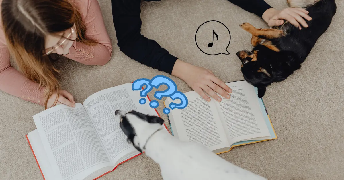 犬が飼い主と本を開いて勉強している写真